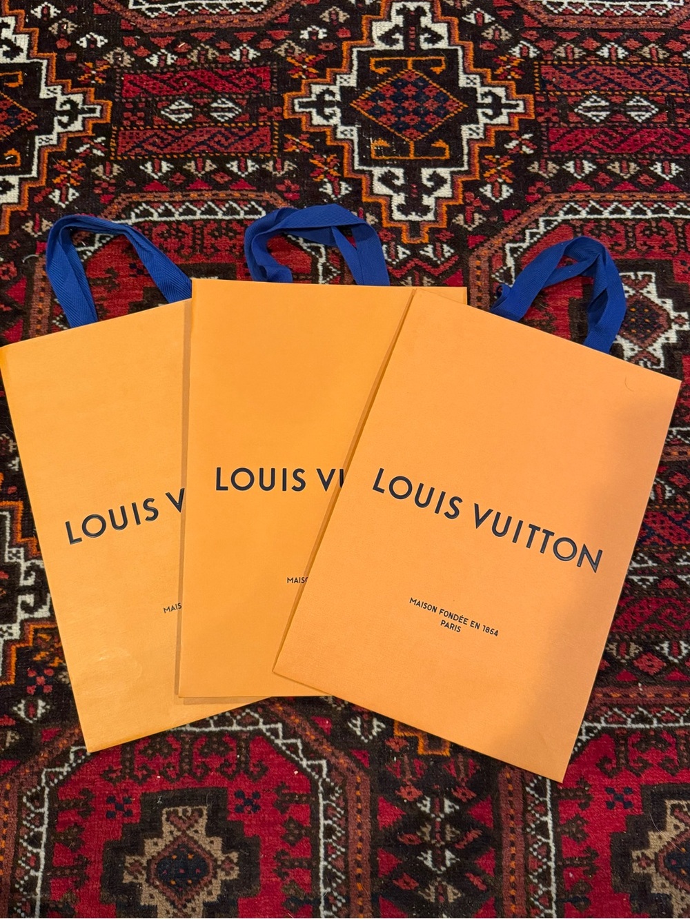 Louis Vuitton Tall/Large Orange Shopping Bags with Blue Ribbon Handles